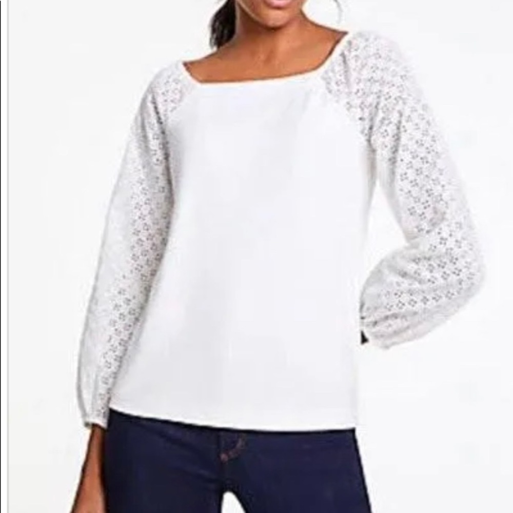 ANN TAYLOR White Eyelet Sleeve Ponte Top
